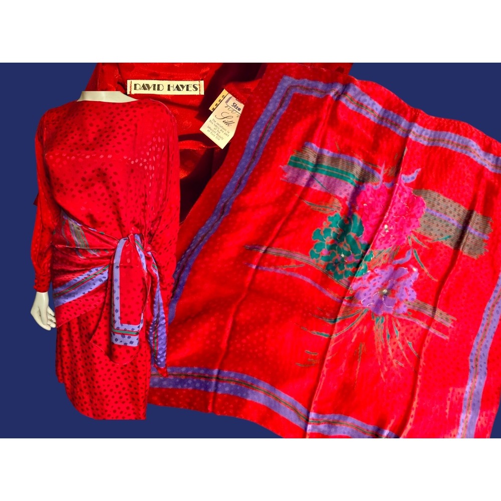 Vintage Silk Dress & Scarf Set‎ Designer David Hayes Red 14